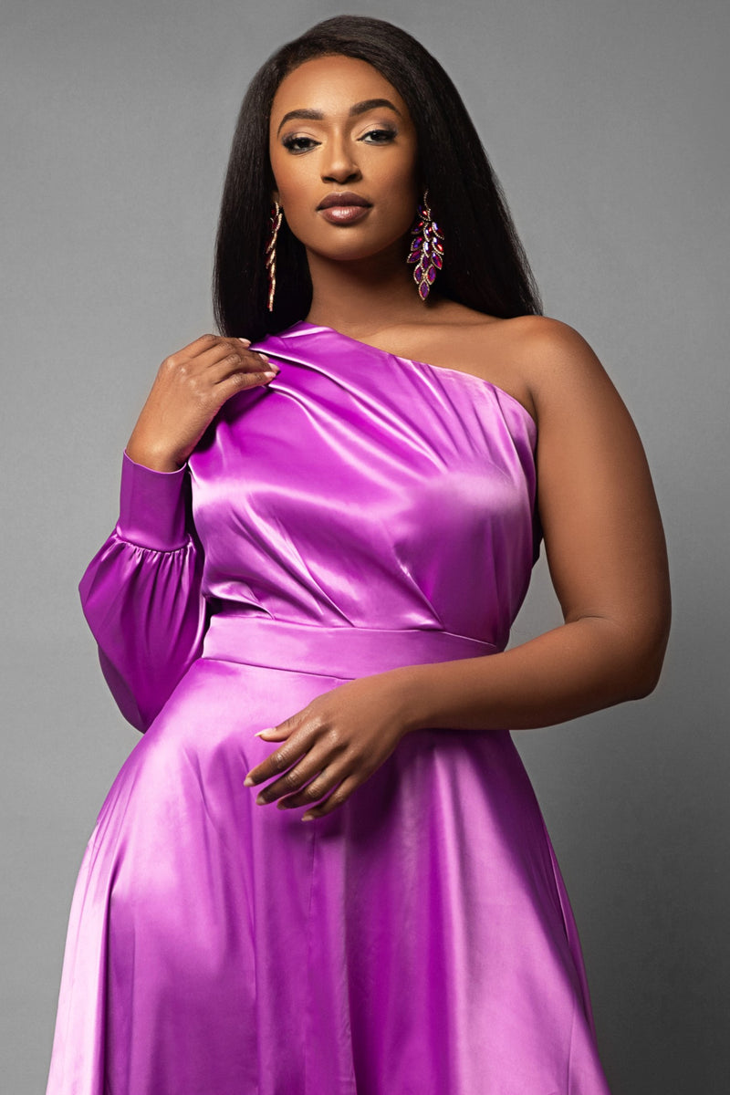 Camelia Purple Satin One Shoulder Hi Lo Maxi – Nina Cheyenne