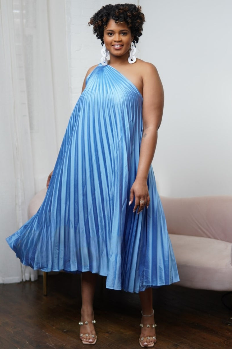 Blue Pleated One Shoulder Satin Dress S Blue Pleated One Shoulder Satin Dress S