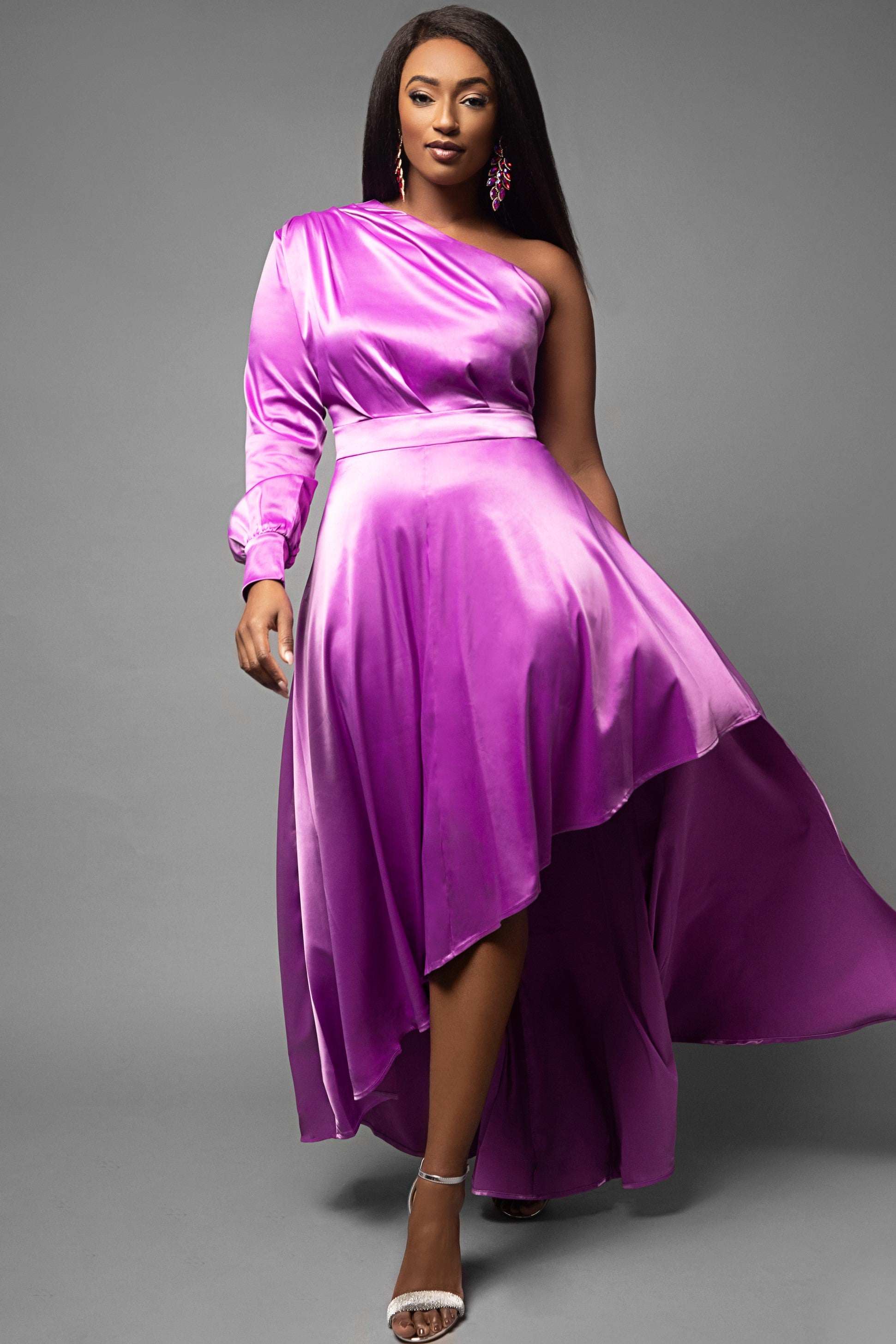 Camelia Purple Satin One Shoulder Hi Lo Maxi – Nina Cheyenne