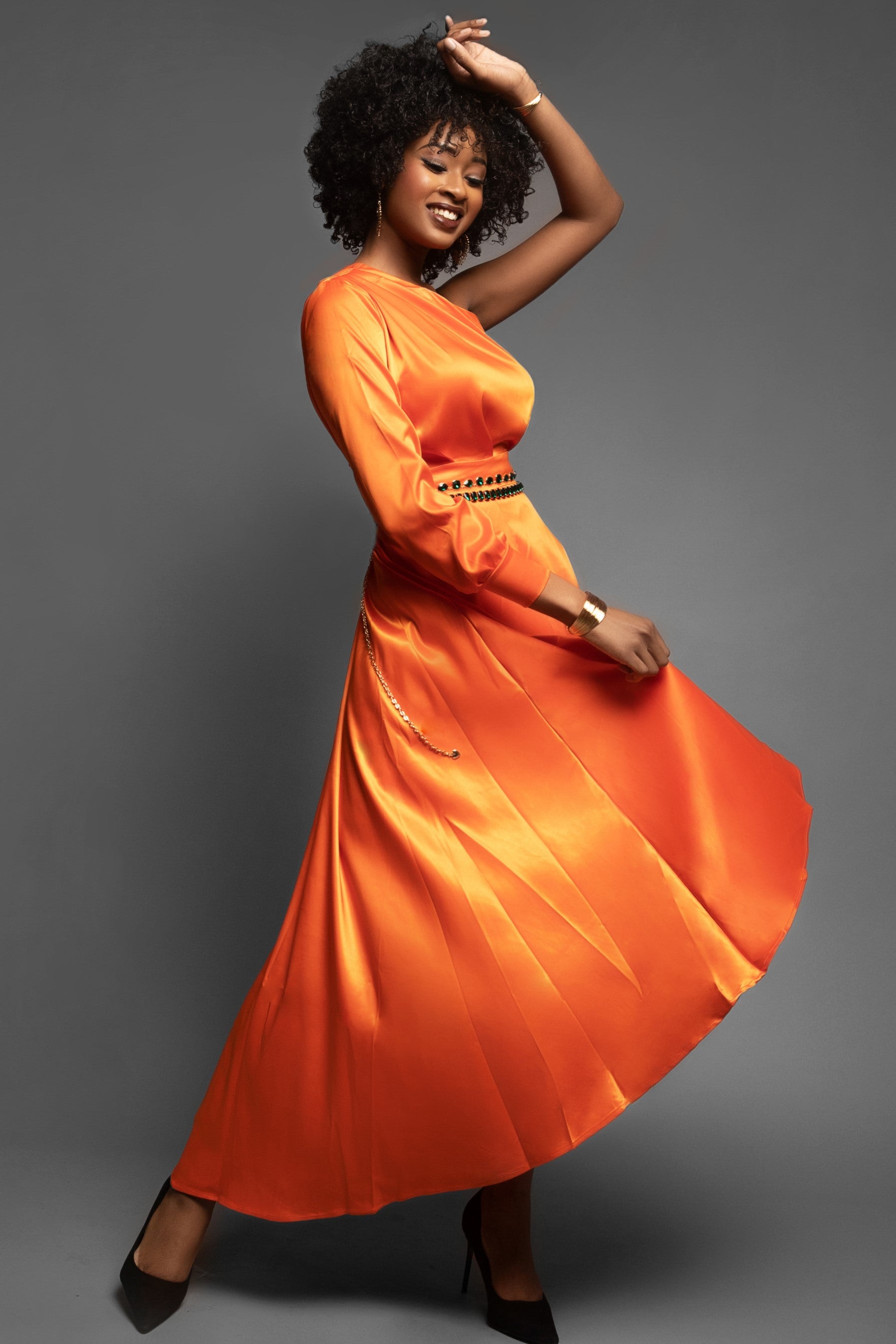 Camelia Orange Satin One Shoulder Hi Lo Maxi XL/1X Camelia Orange Satin One Shoulder Hi Lo Maxi XL/1X