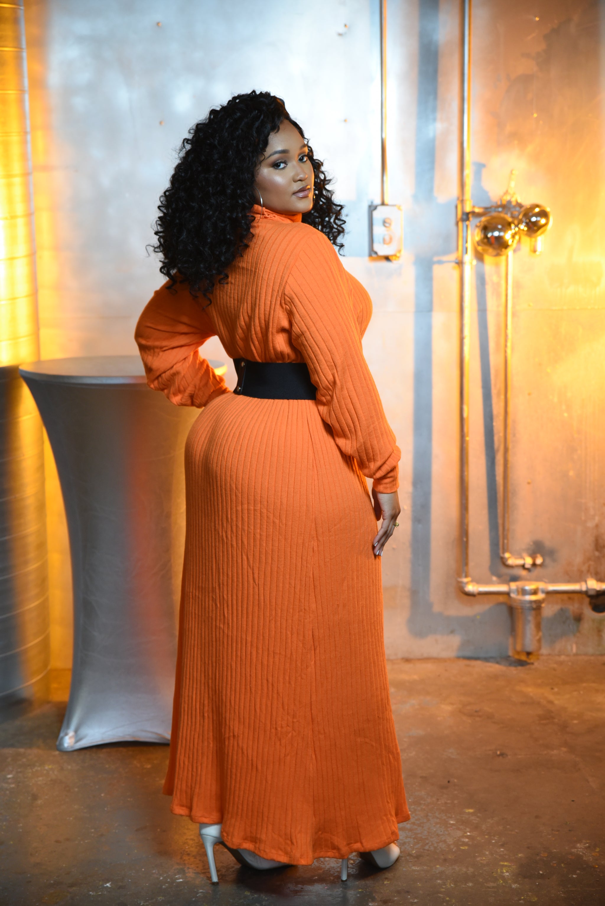 strapless open back dress Orange Ribbed Turtleneck Oversized Maxi Dress – Nina Cheyenne
