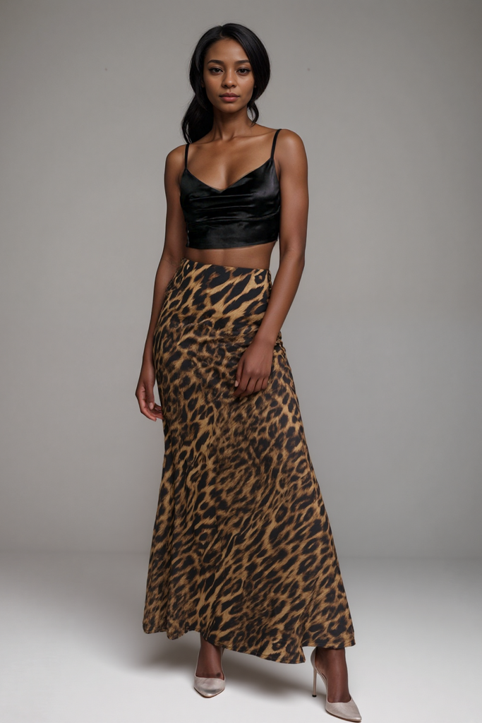 Woman wearing a black top and leopard print skirt against a gray background
