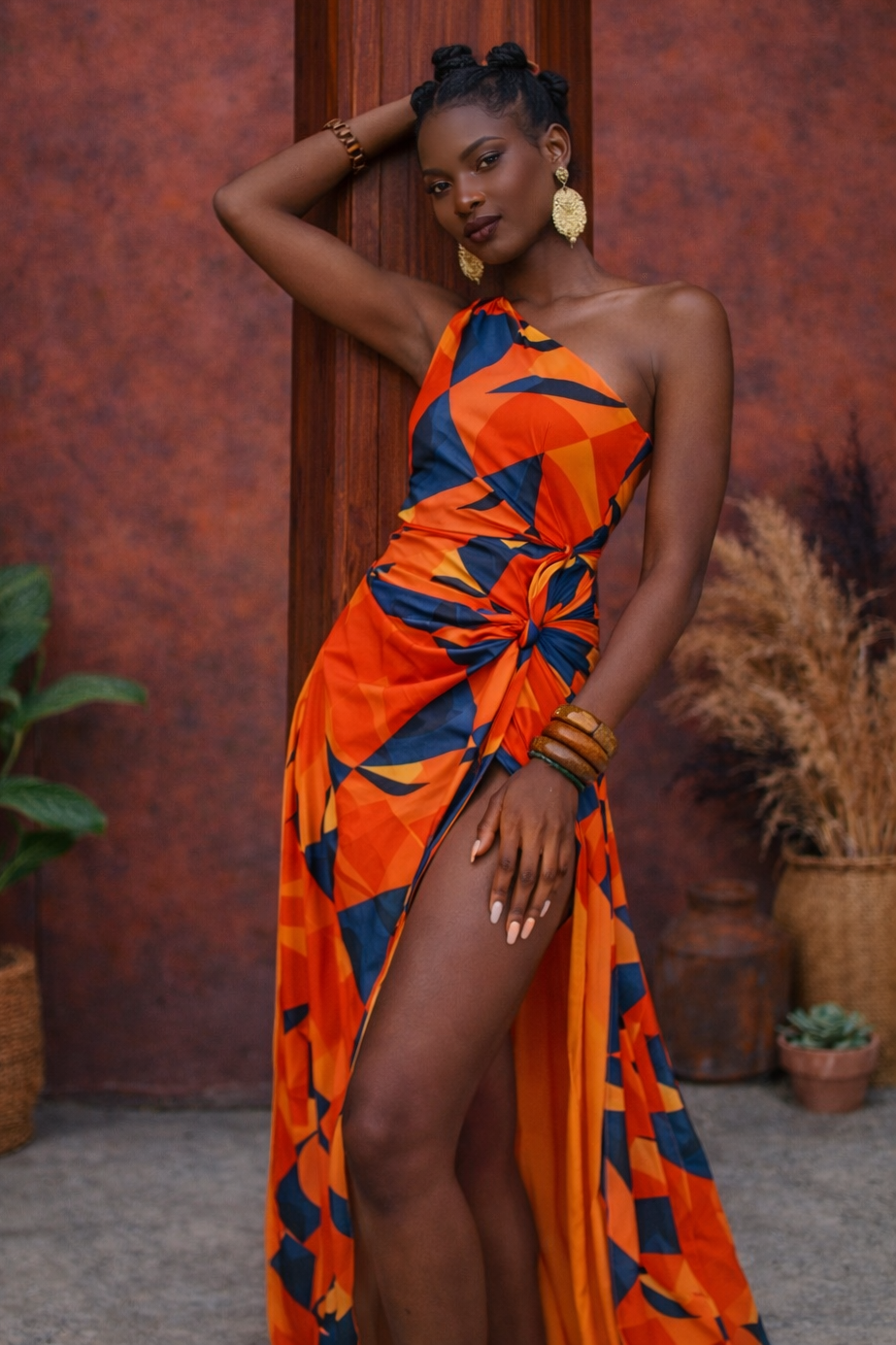 Rachel One Shoulder Orange Abstract Print Maxi – Nina Cheyenne