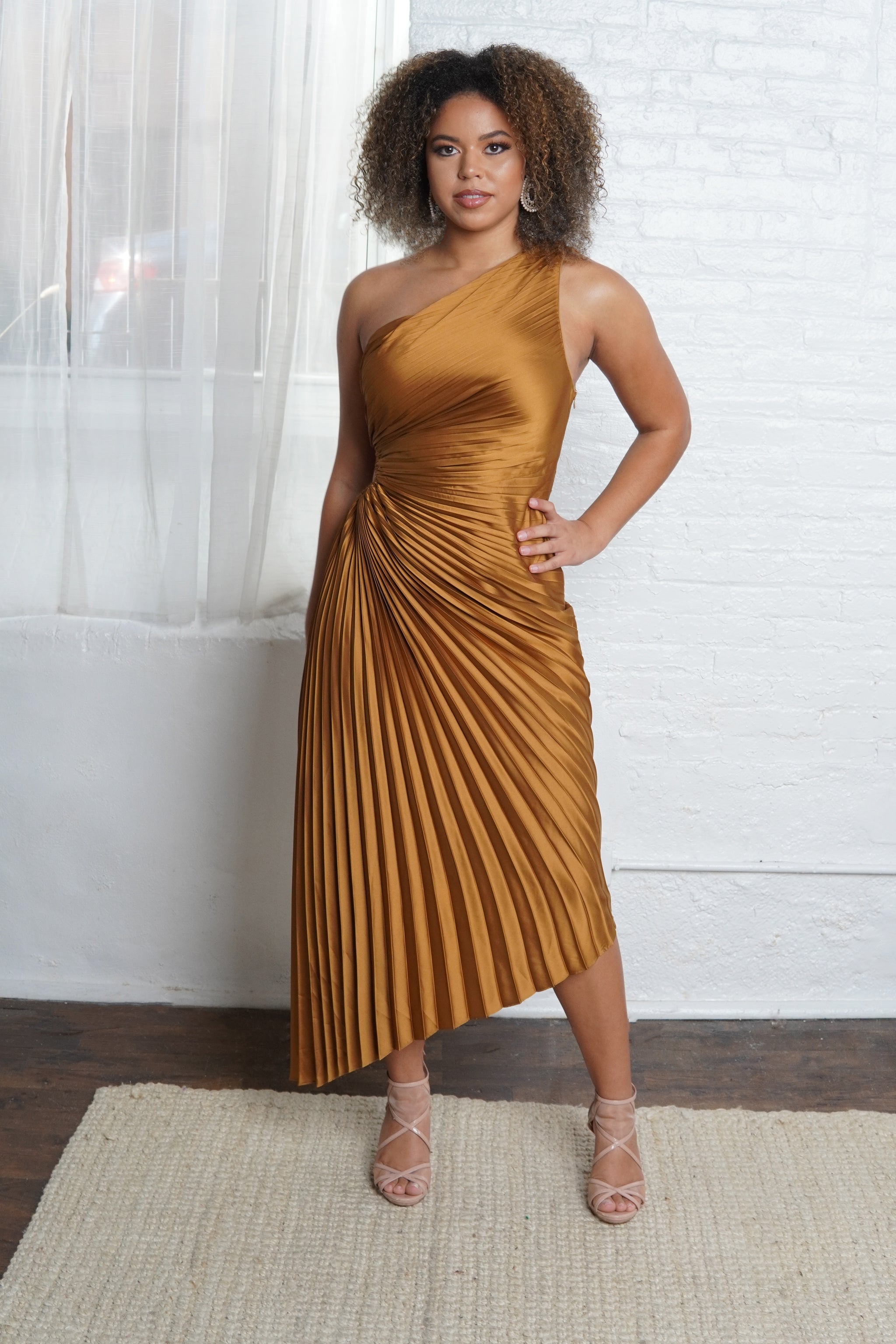 Golden One Shoulder Pleated Dress with Side Keyhole Nina Cheyenne Golden One Shoulder Pleated Dress with Side Keyhole Nina Cheyenne