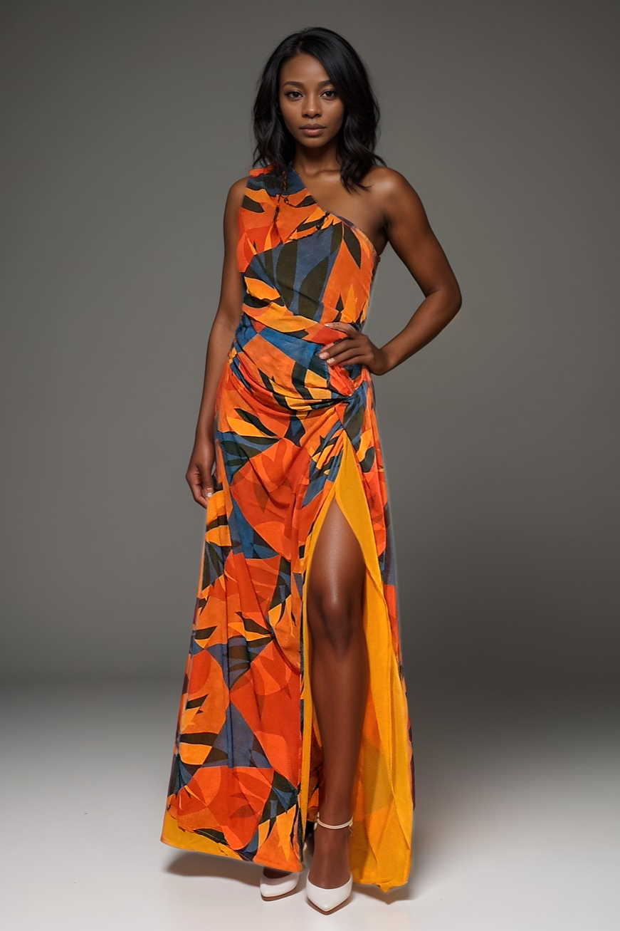 Rachel One Shoulder Orange Abstract Print Maxi – Nina Cheyenne