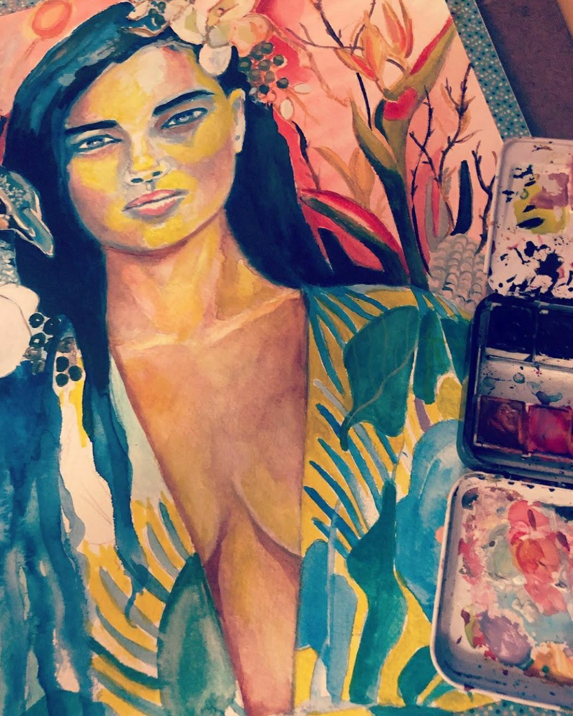 Colorful painting of a woman with floral elements and an open paint palette.