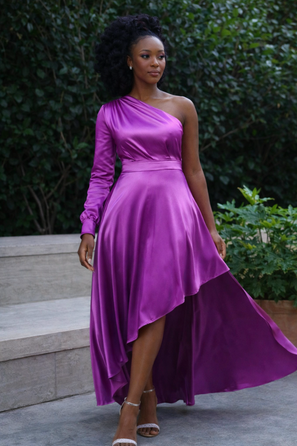 Camelia Purple Satin One Shoulder Hi Lo Maxi – Nina Cheyenne