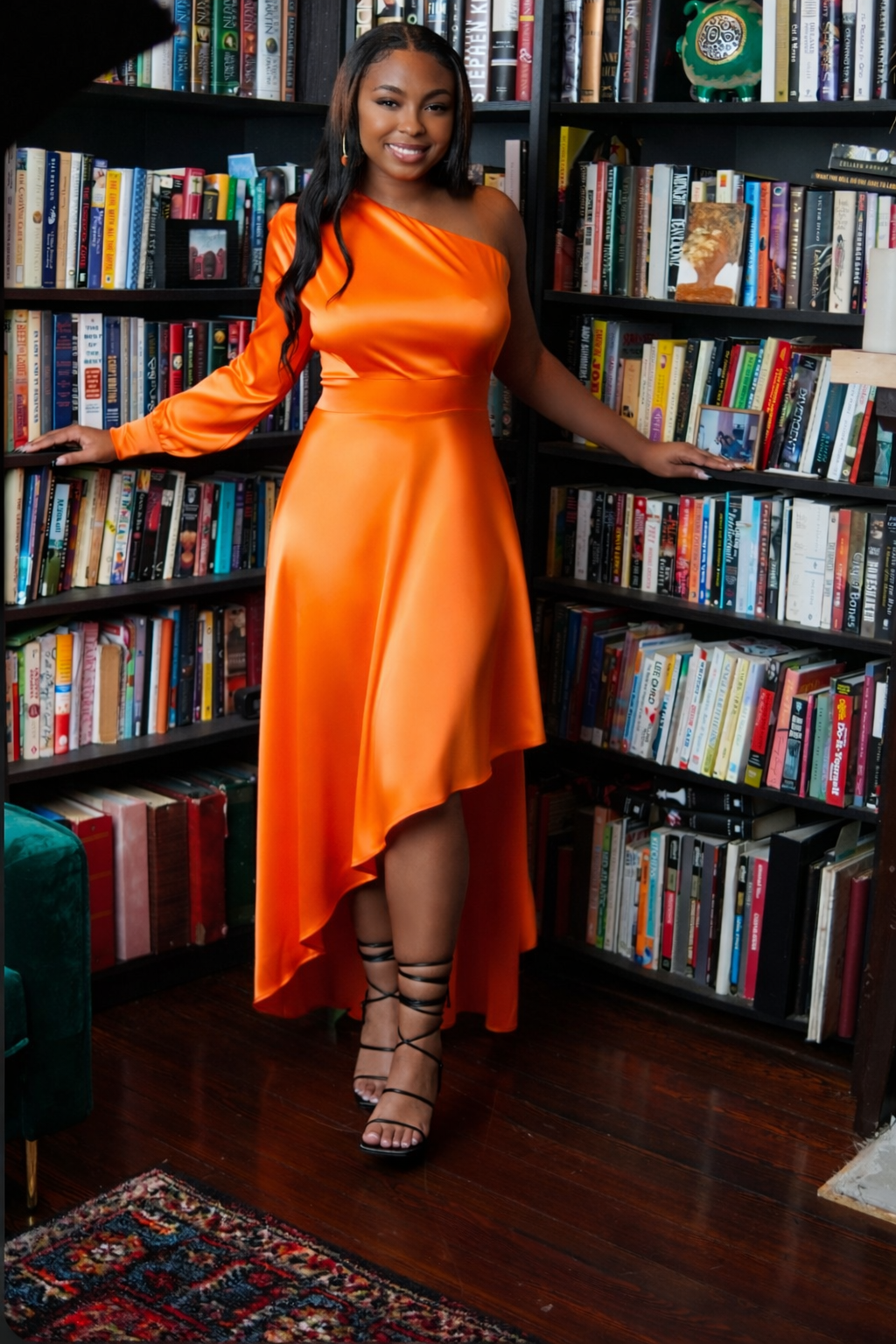 Camelia Orange Satin One Shoulder Hi Lo Maxi – Nina Cheyenne