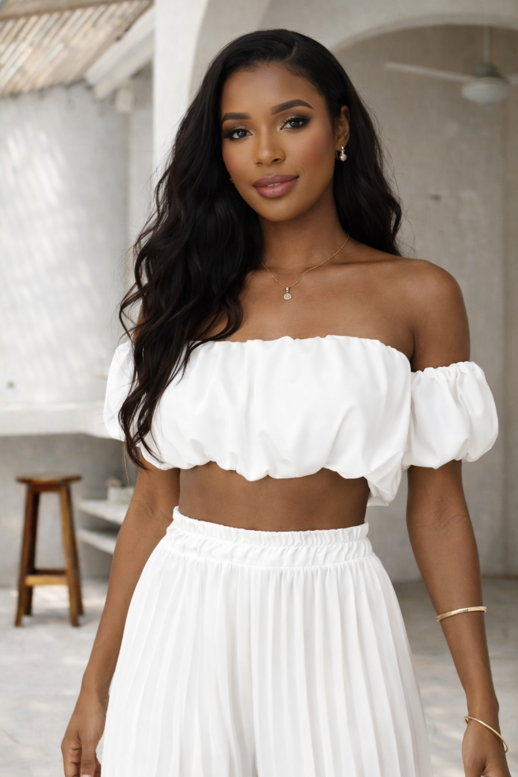 Sahara Sunset Pleated Set – Off-Shoulder Crop Top & Wide-Leg Pants