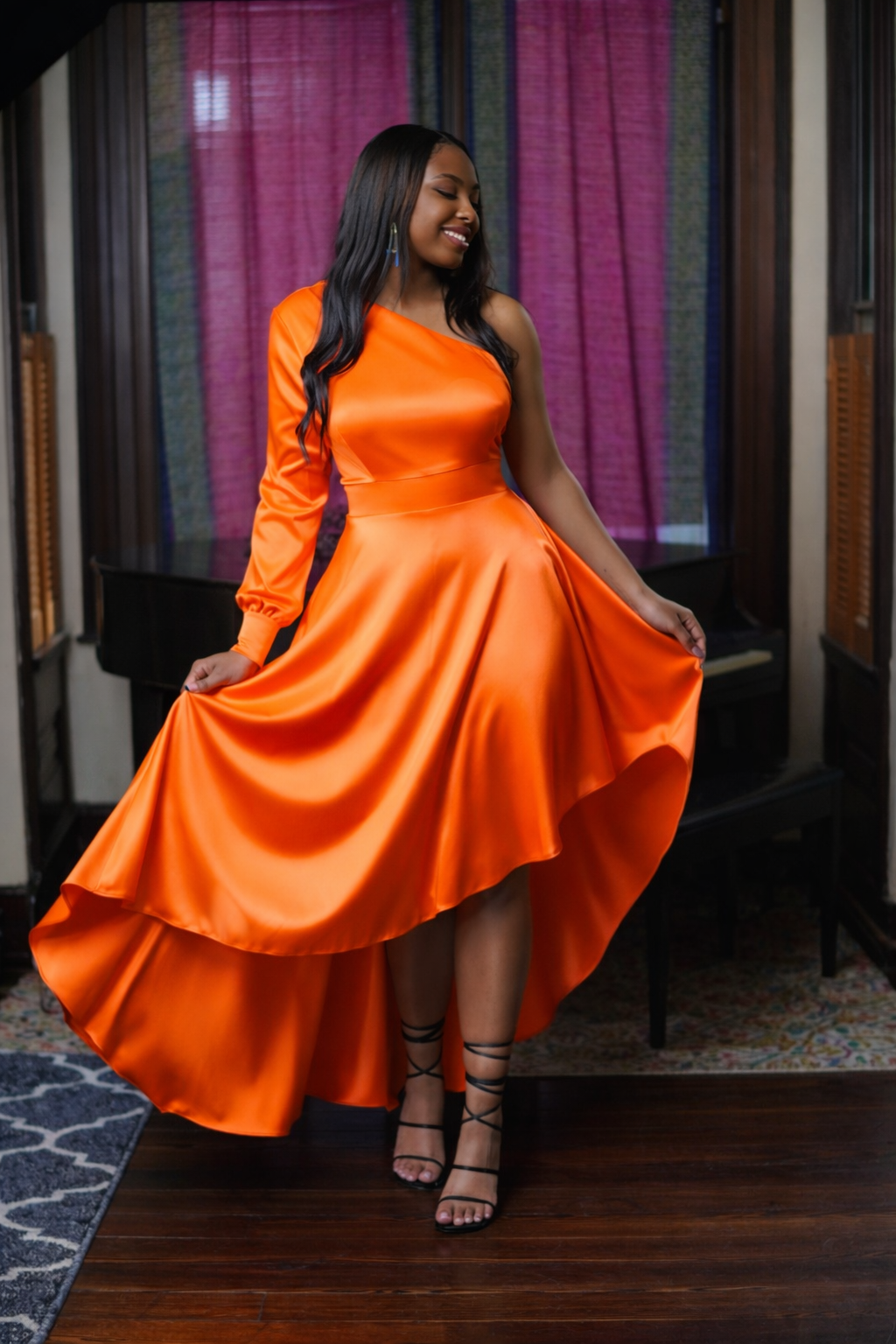 Camelia Orange Satin One Shoulder Hi Lo Maxi – Nina Cheyenne