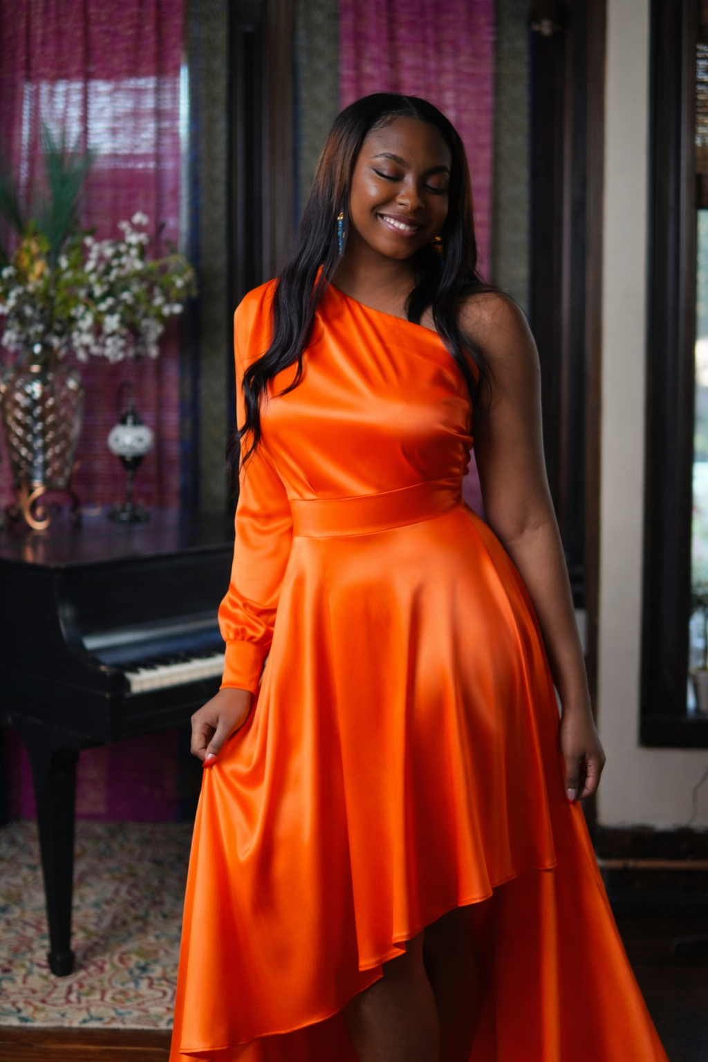 Camelia Orange Satin One Shoulder Hi Lo Maxi – Nina Cheyenne