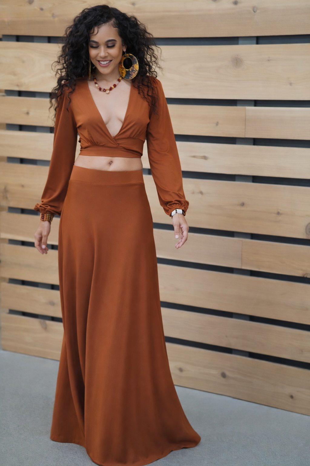 Nadia Chocolate Two-Piece Wrap Top and Full Maxi Skirt Set – Nina