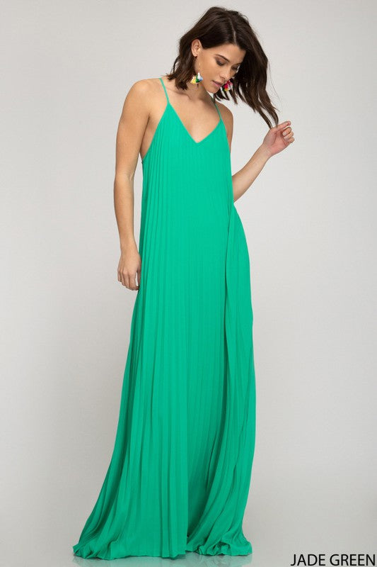 Jade Green Sleeveless Pleated Maxi Dress S Jade Green Sleeveless Pleated Maxi Dress S
