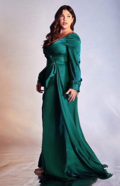 satin wrap dress long sleeve Xscape Plus Size Satin Long Sleeve Faux Wrap Gown, Womens, 22W, Black