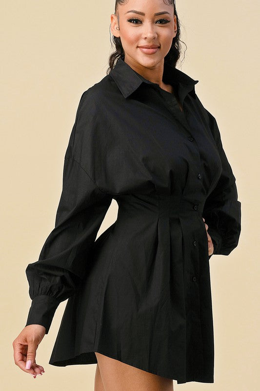 black pleated shirt dress Black Tie-Waist Midi Shirt Dress | Pleated Skirt