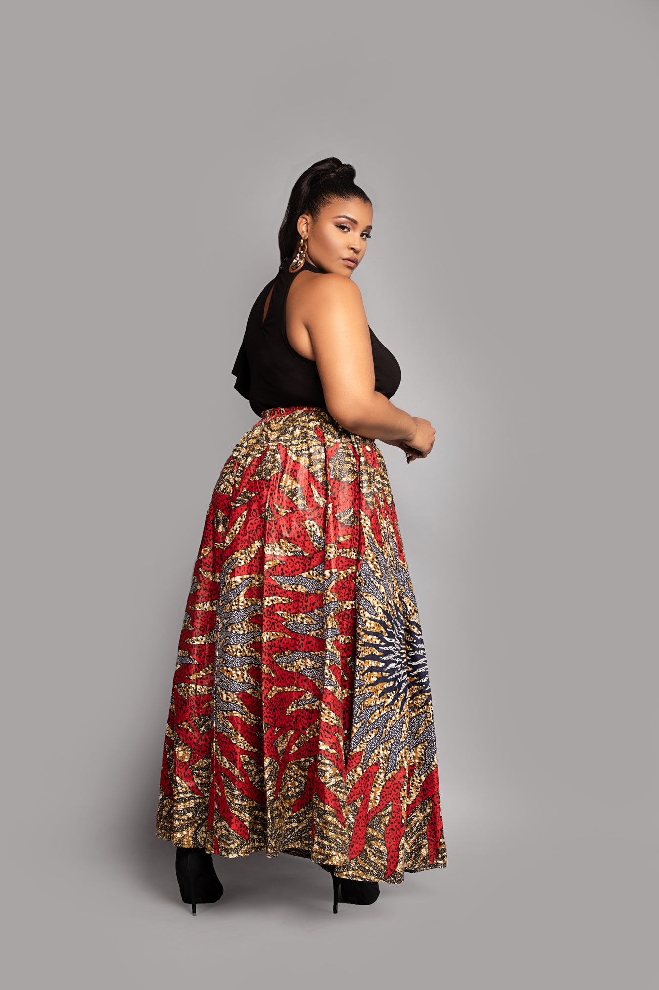 Dupsie's Red African Print High Waist Maxi Skirt - 100% Cotton, 43 Inch Length, Elastic Waist With Tie, Plus Size XS-5X