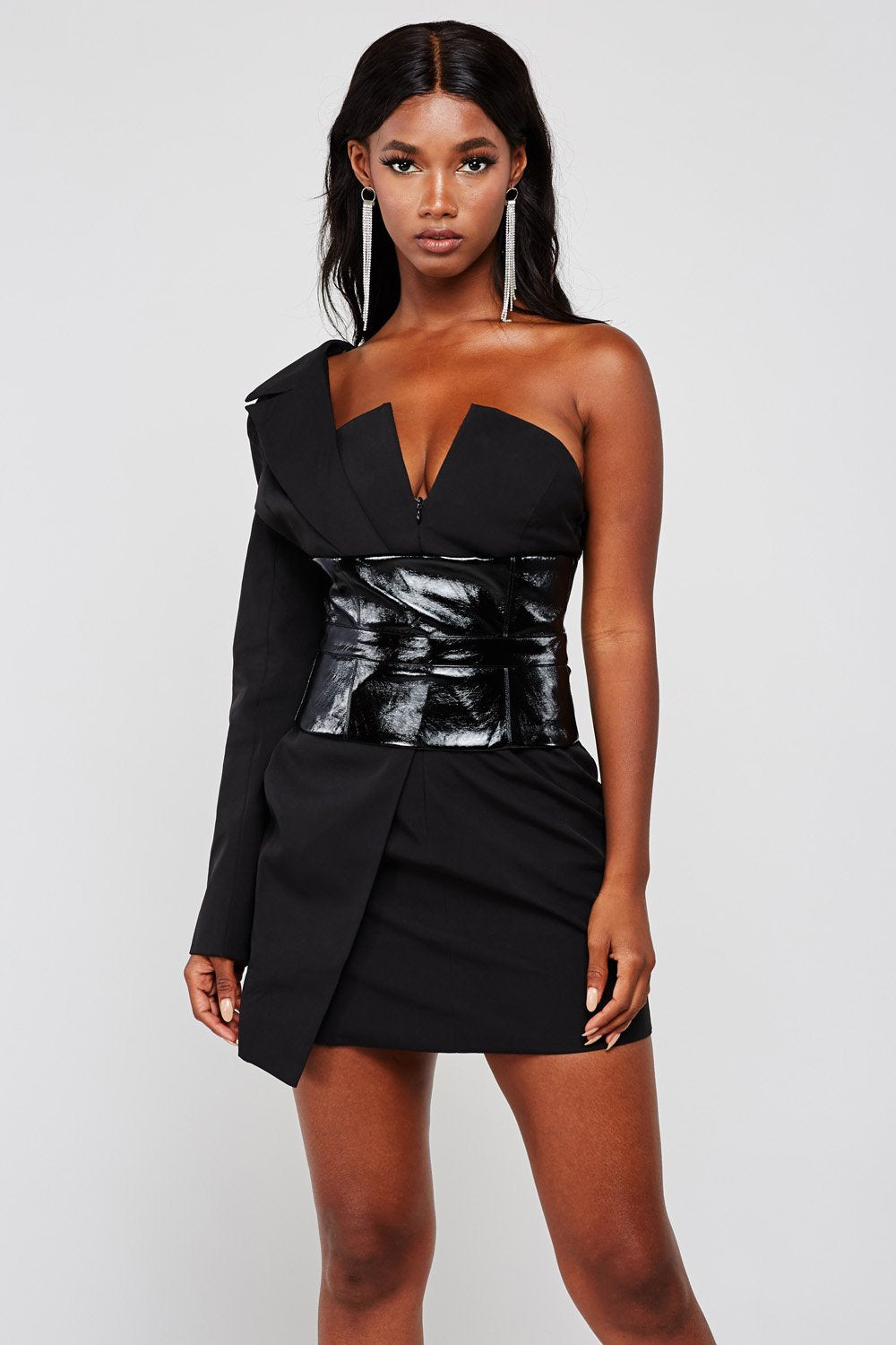 one shoulder blazer dress black Black One Shoulder Blazer Dress