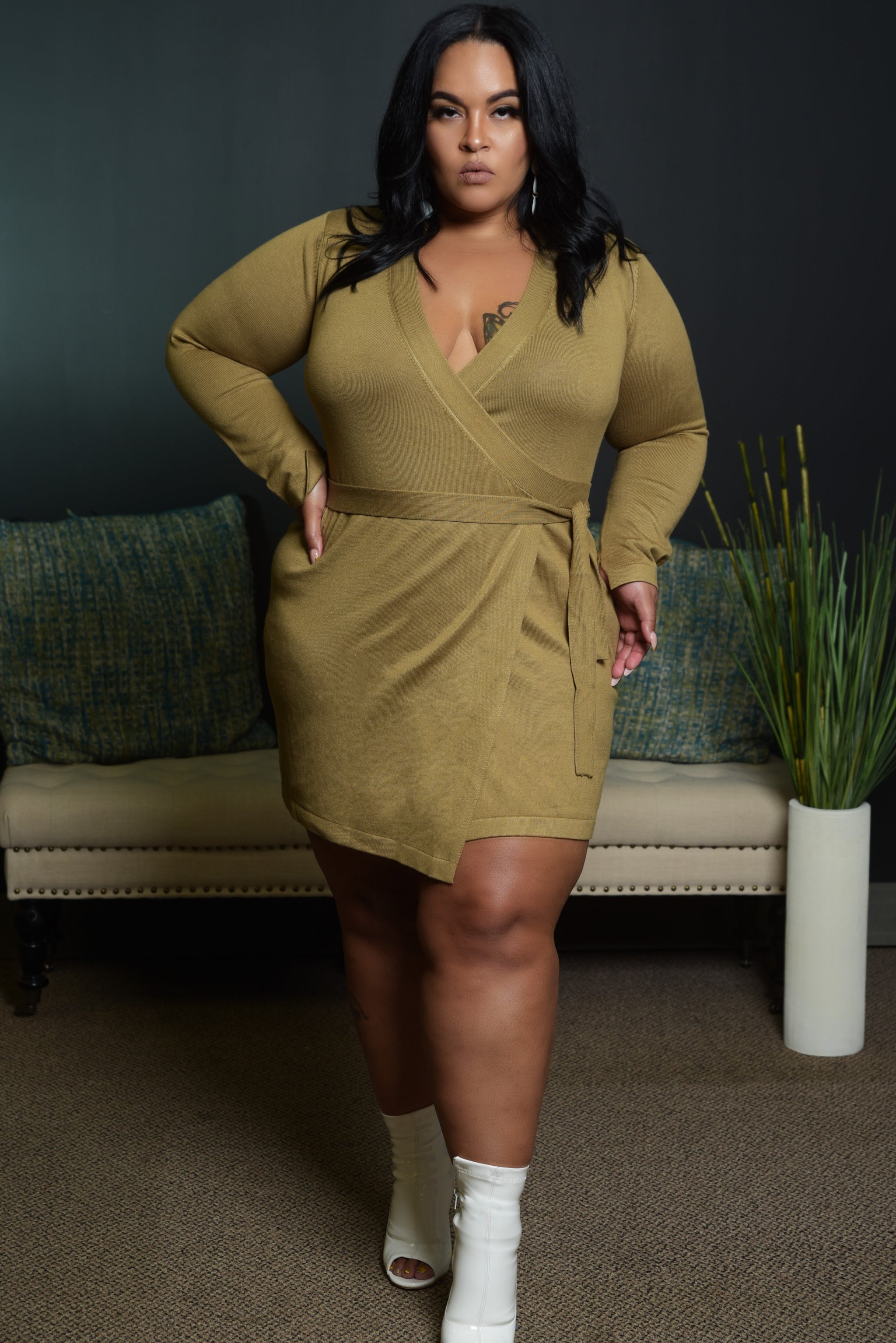Olive Fine Knit Wrap Midi Dress – Nina Cheyenne