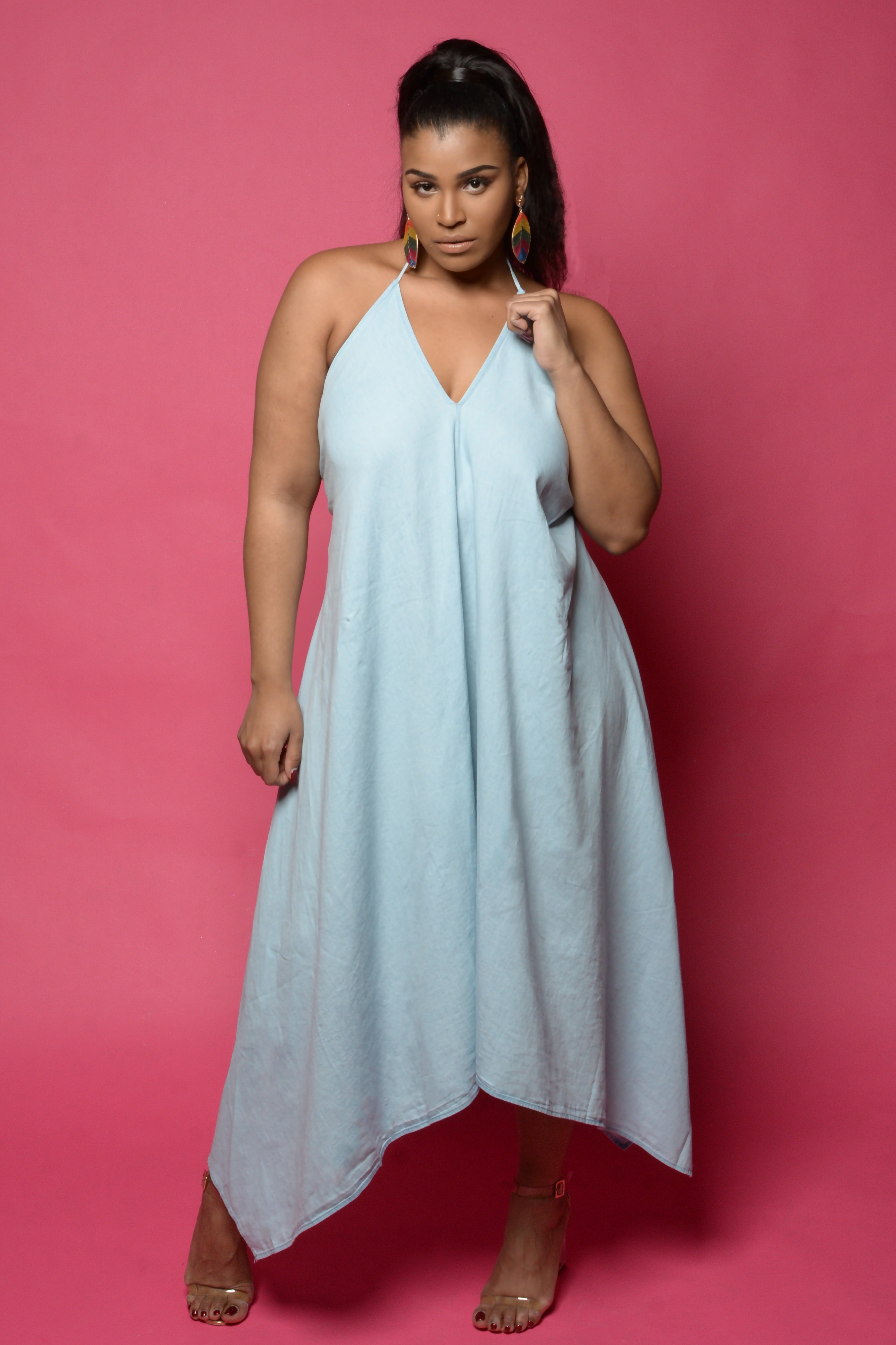 Denim Chambray Halter Maxi Dress