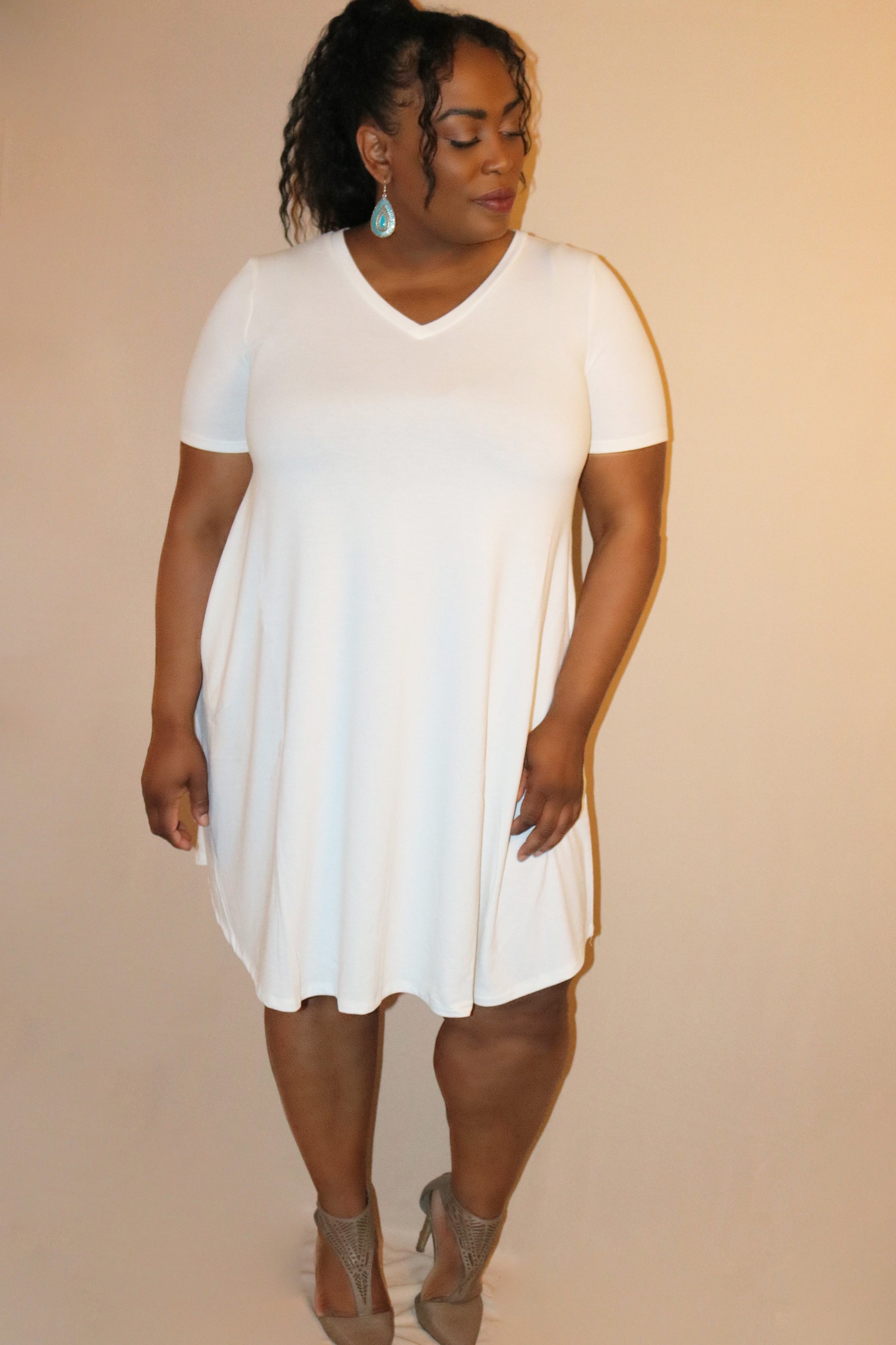Nia Ivory V-Neck Mini T-Shirt Dress S