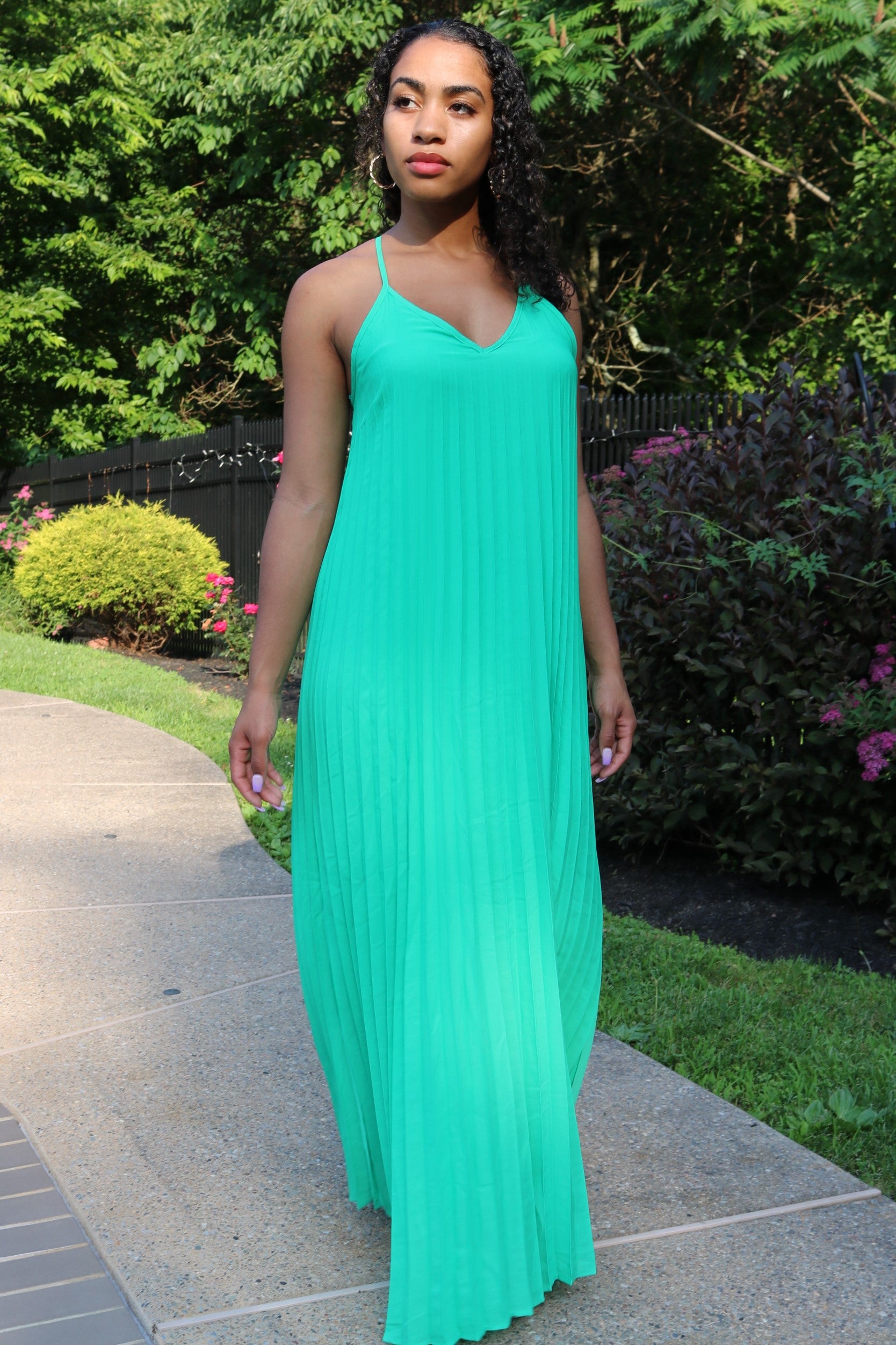 Jade Green Sleeveless Pleated Maxi Dress S