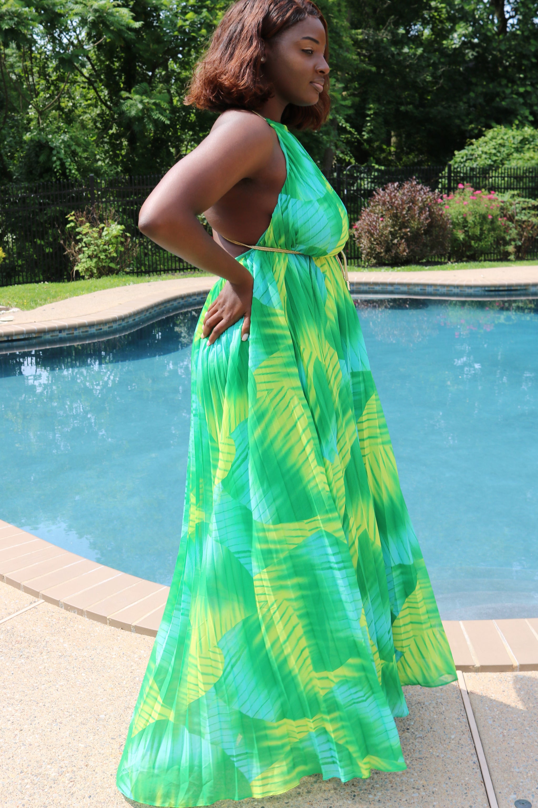 Green Tropical Pleated Halter Maxi Dress  Nina Cheyenne
