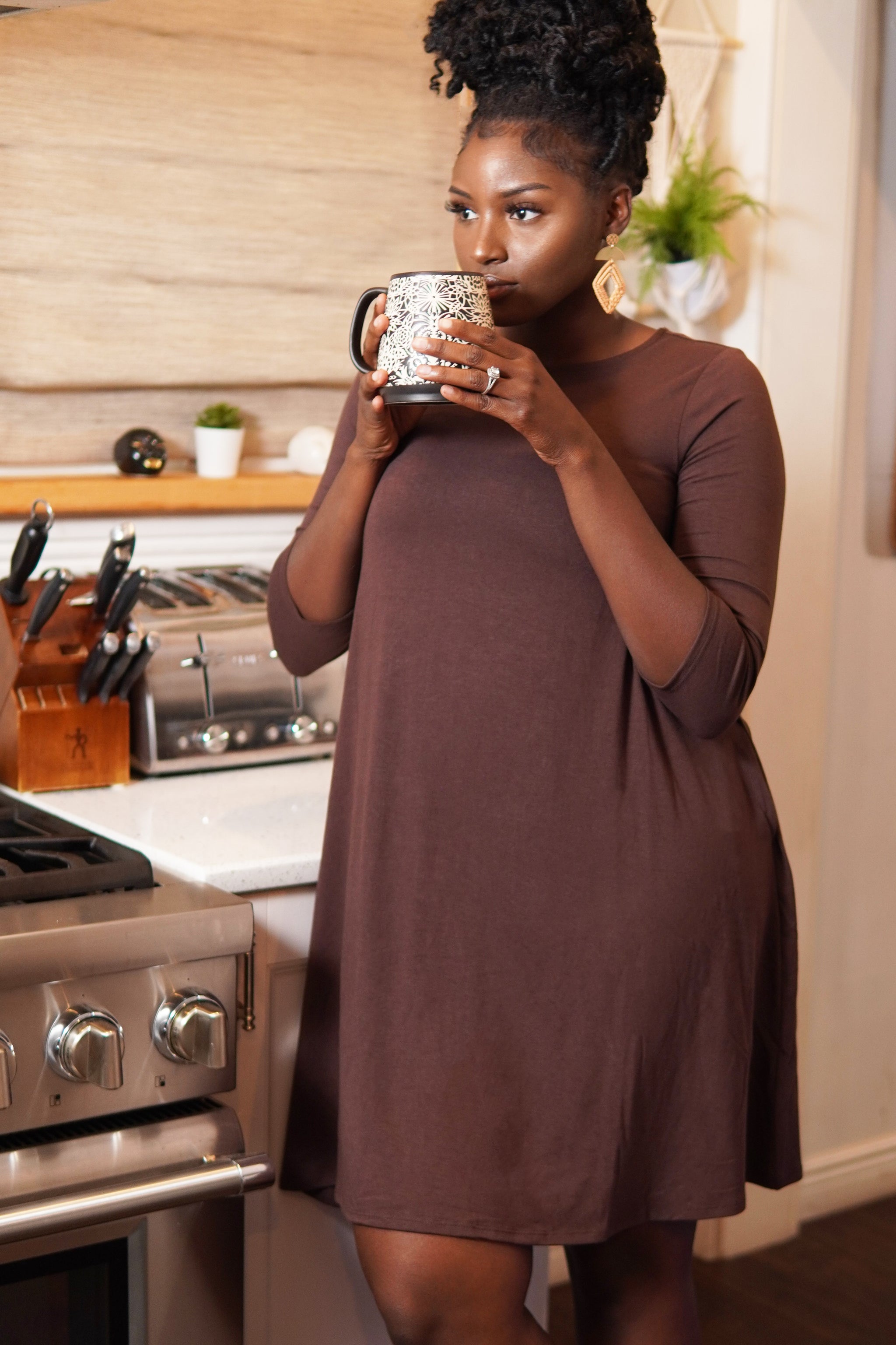 Brown Crew Neck Mini T-Shirt Dress S Brown Crew Neck Mini T-Shirt Dress S